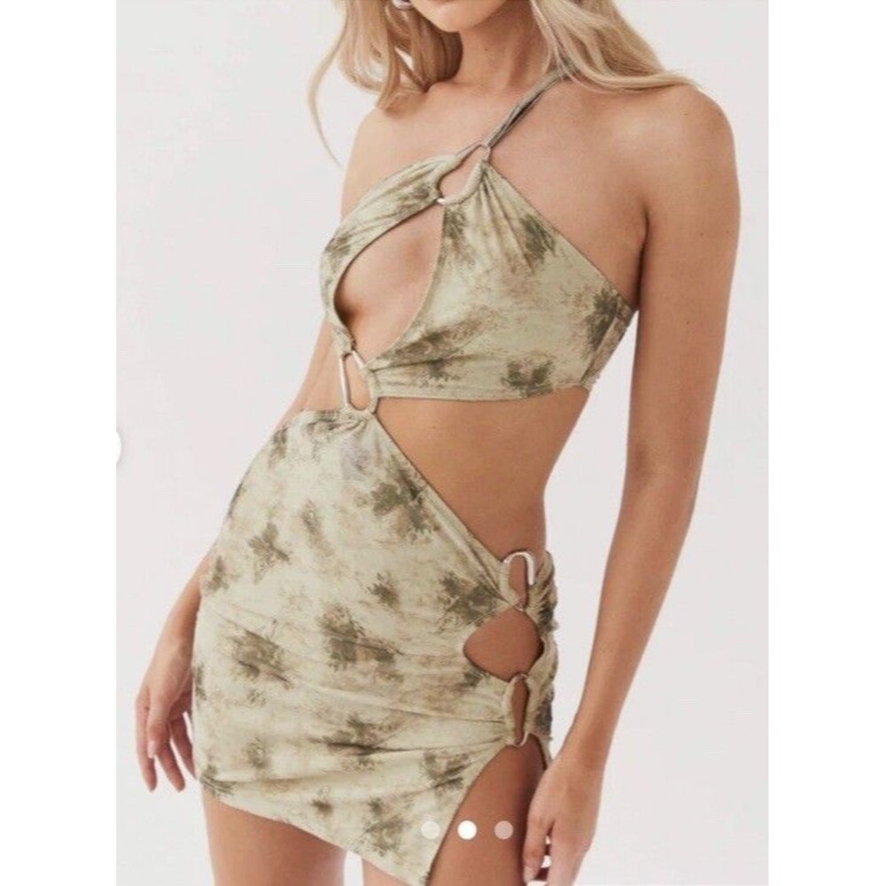 peppermayo koralie cut out mini dress Sz AU 12 US 8 sage / smoke green NEW Club